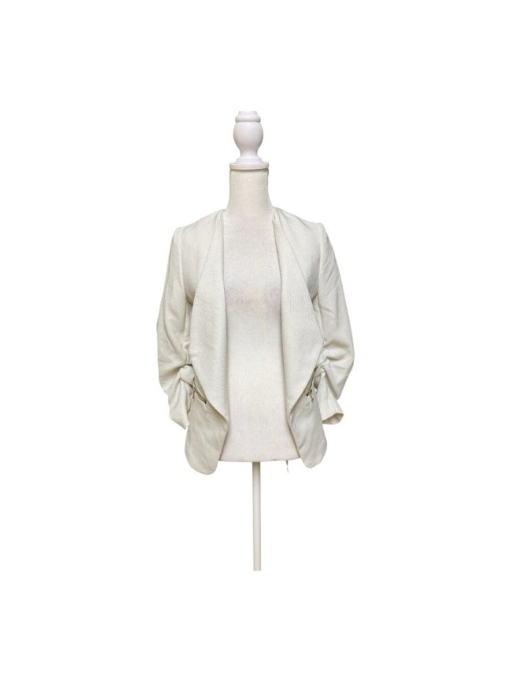 H&M White Open Front Blazer Ruched Sleeve Career Jacket Size 4